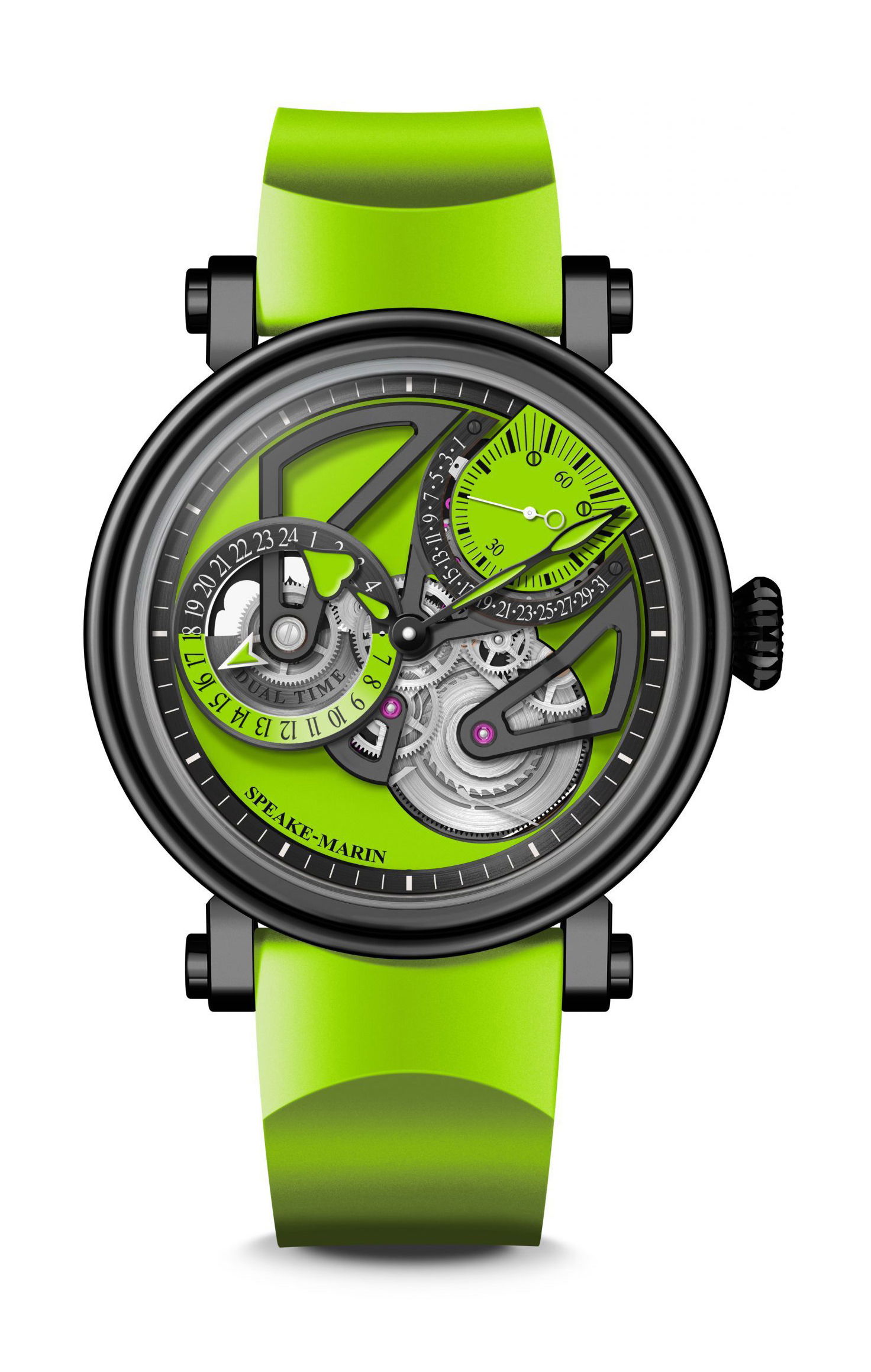 Speake-Marin Openworkes Dual Time Lime luxury timepiece - detailed view