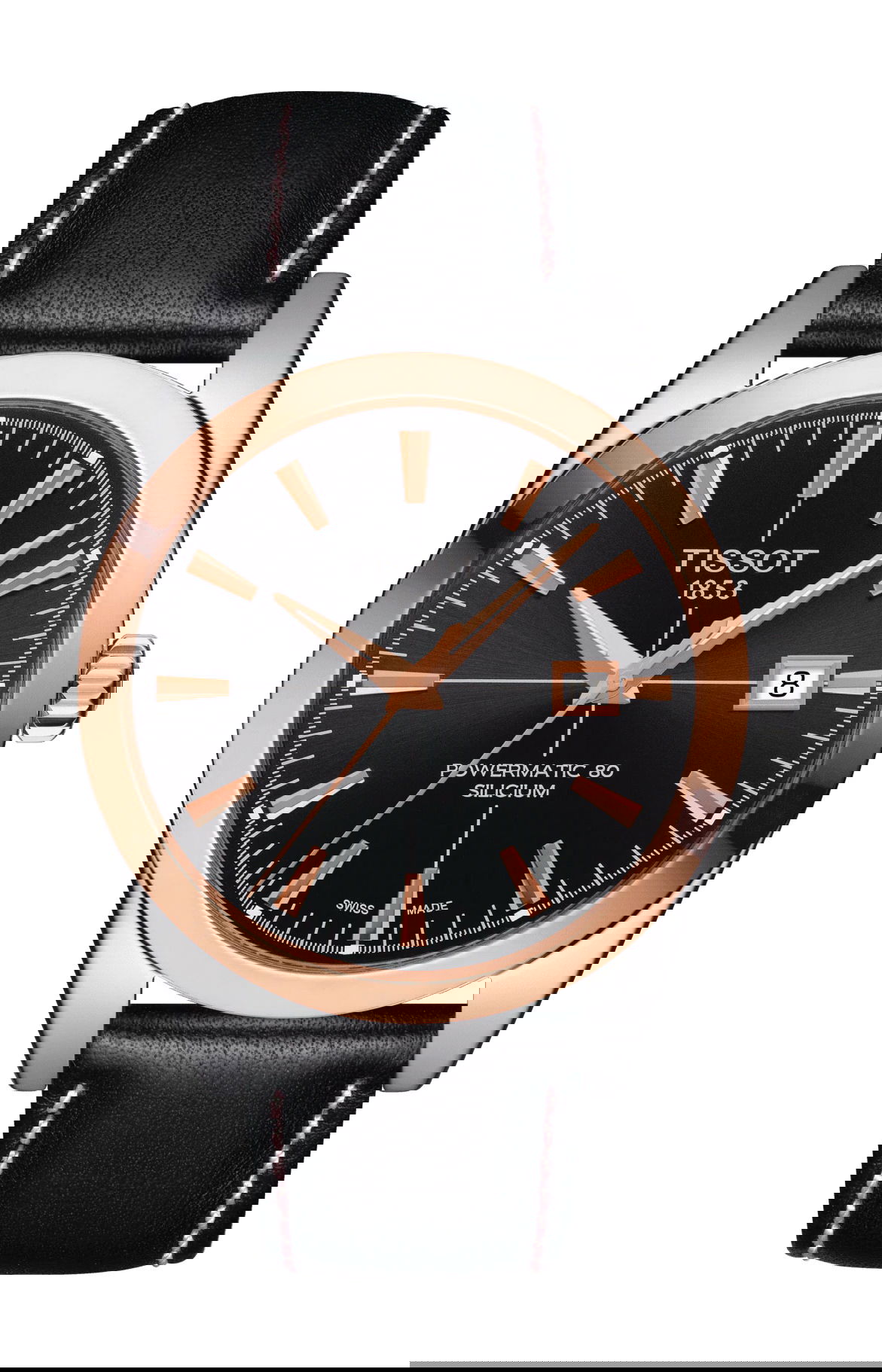 Tissot Gentleman Powermatic 80 Silicium Solid 18K Gold bezel luxury timepiece - detailed view