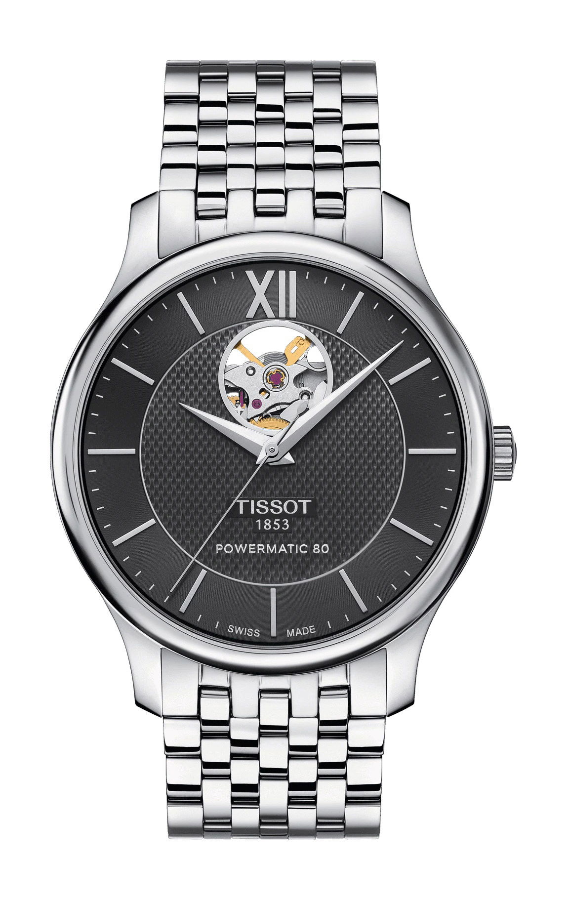 Tissot Tradition Powermatic 80 Open Heart luxury timepiece - detailed view