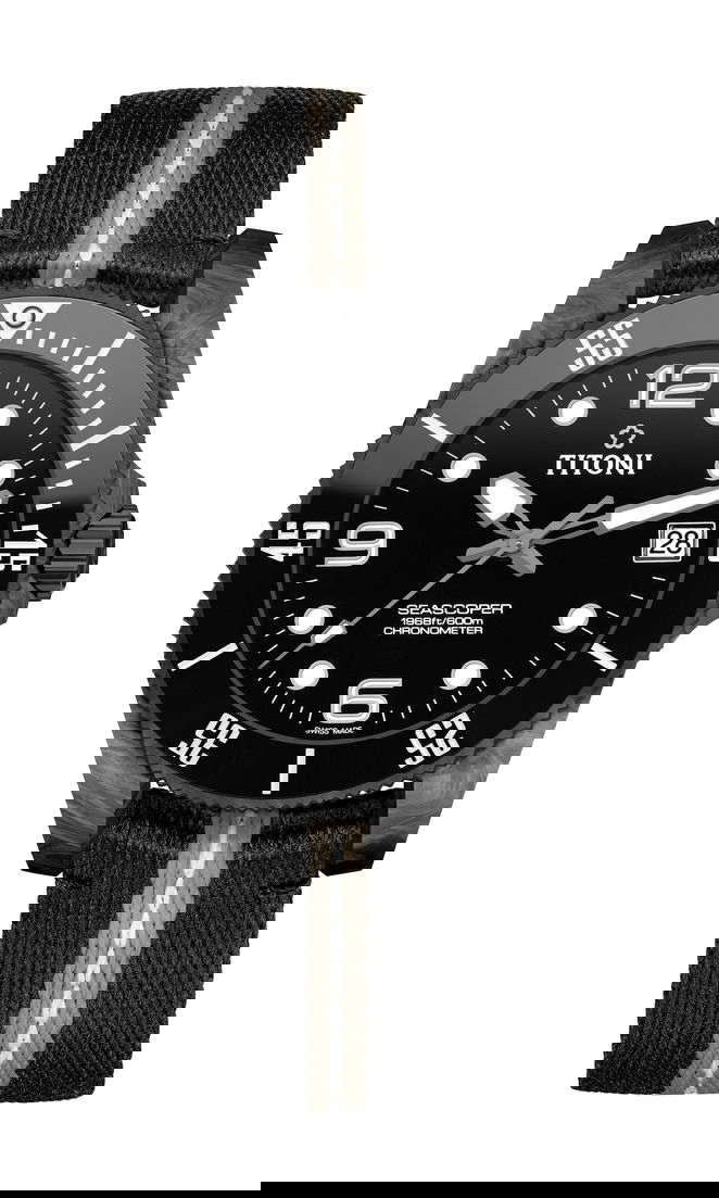 Titoni Seascoper 600 Carbon Tech luxury timepiece - detailed view