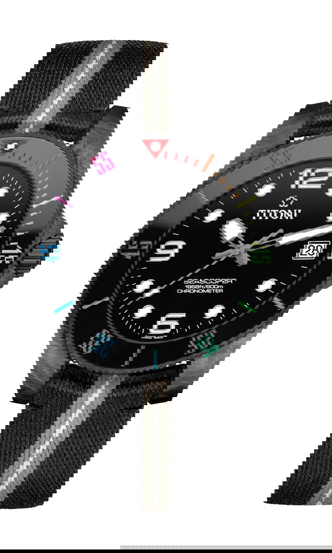 Titoni Seascoper 600 Carbon Tech luxury timepiece - detailed view