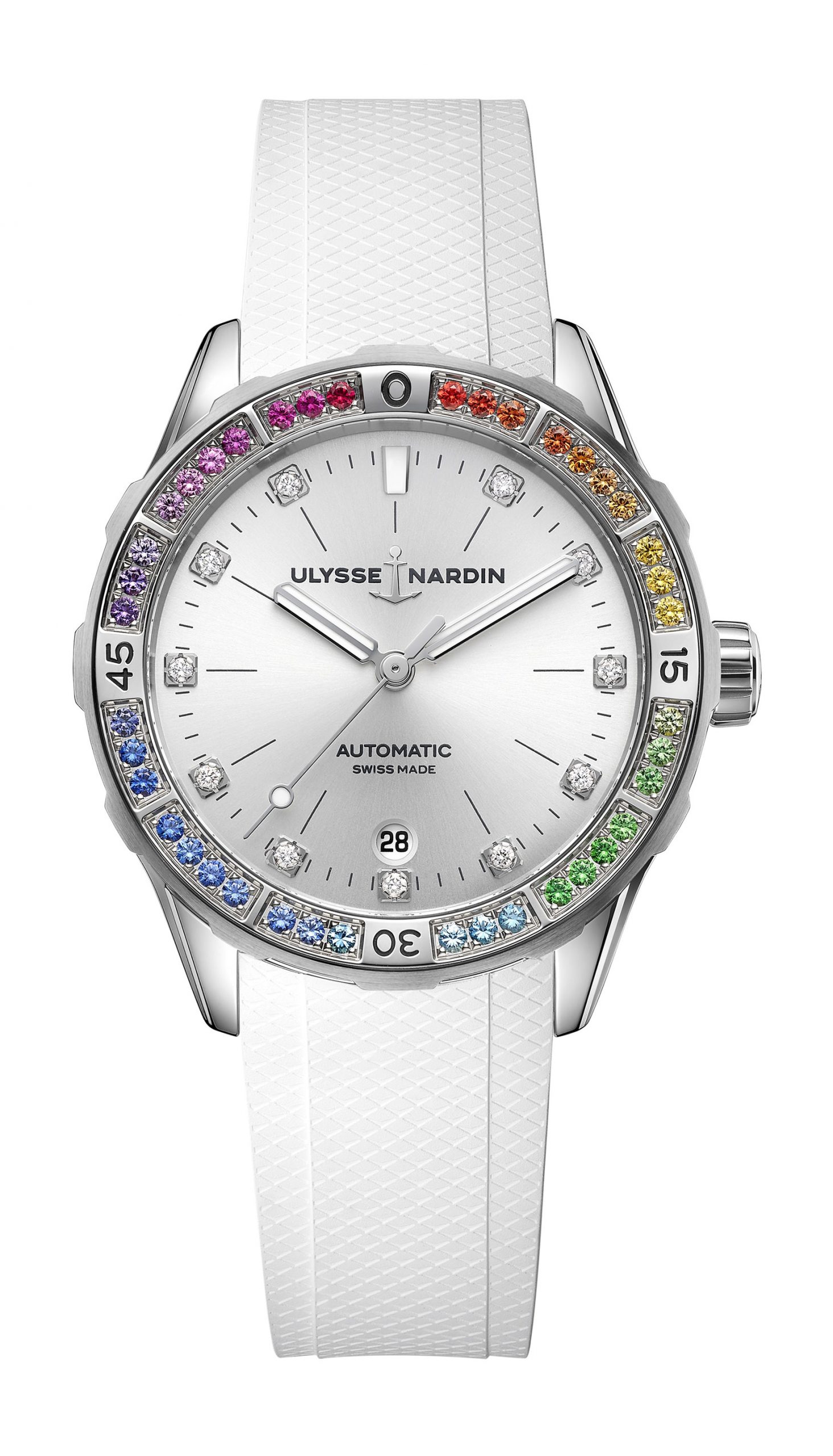 Ulysse Nardin Lady Diver Rainbow White luxury timepiece - detailed view