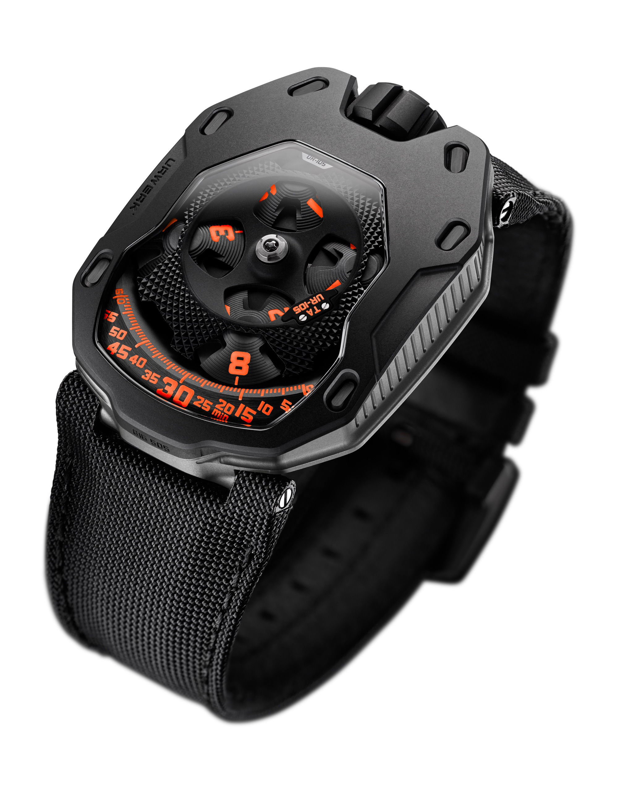 Urwerk UR-105 TA Clockwork Orange luxury timepiece - detailed view